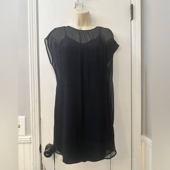 James Perse Women’s 0 Black 100% Silk Sheer Overlay Dress with Belt Slip Lined - Picture 8 of 13